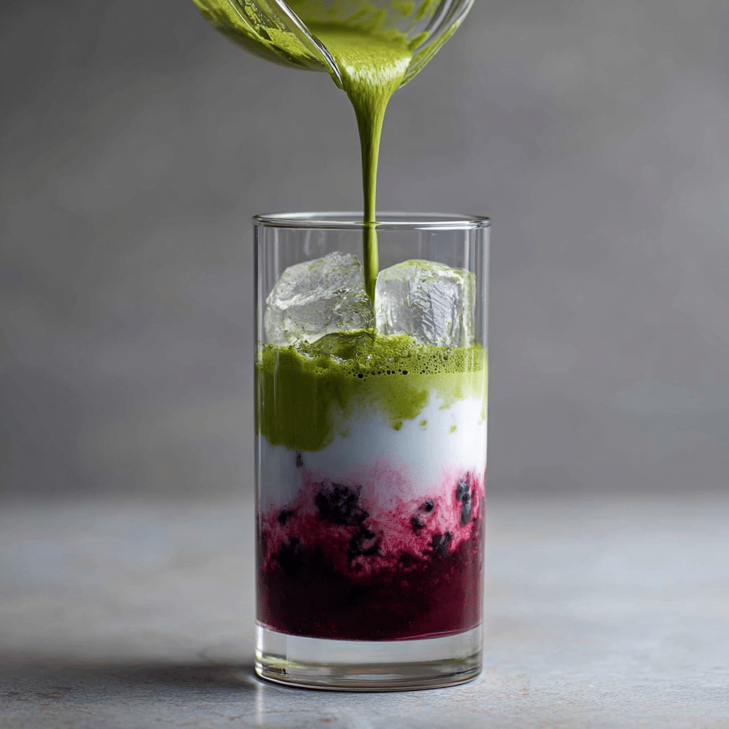 Blueberry Matcha Recipe – The Perfect Fusion of Flavor and Wellness 11 Step-by-step assembling of the blueberry matcha recipe with layered matcha, milk, and blueberry puree over ice.