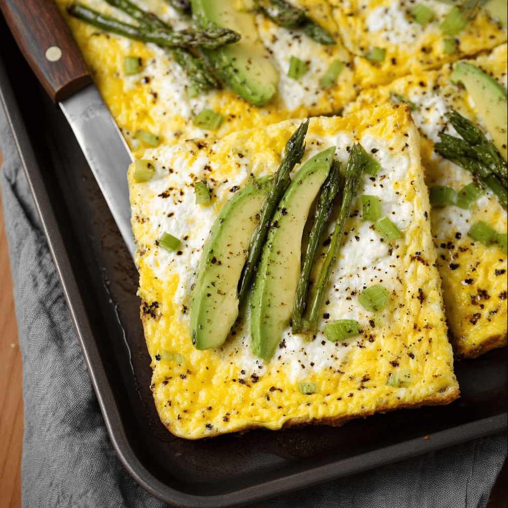 Sheet Pan Cottage Cheese Eggs – The Best Easy Breakfast Bake Ever 8 Sheet pan cottage cheese eggs topped with avocado and asparagus