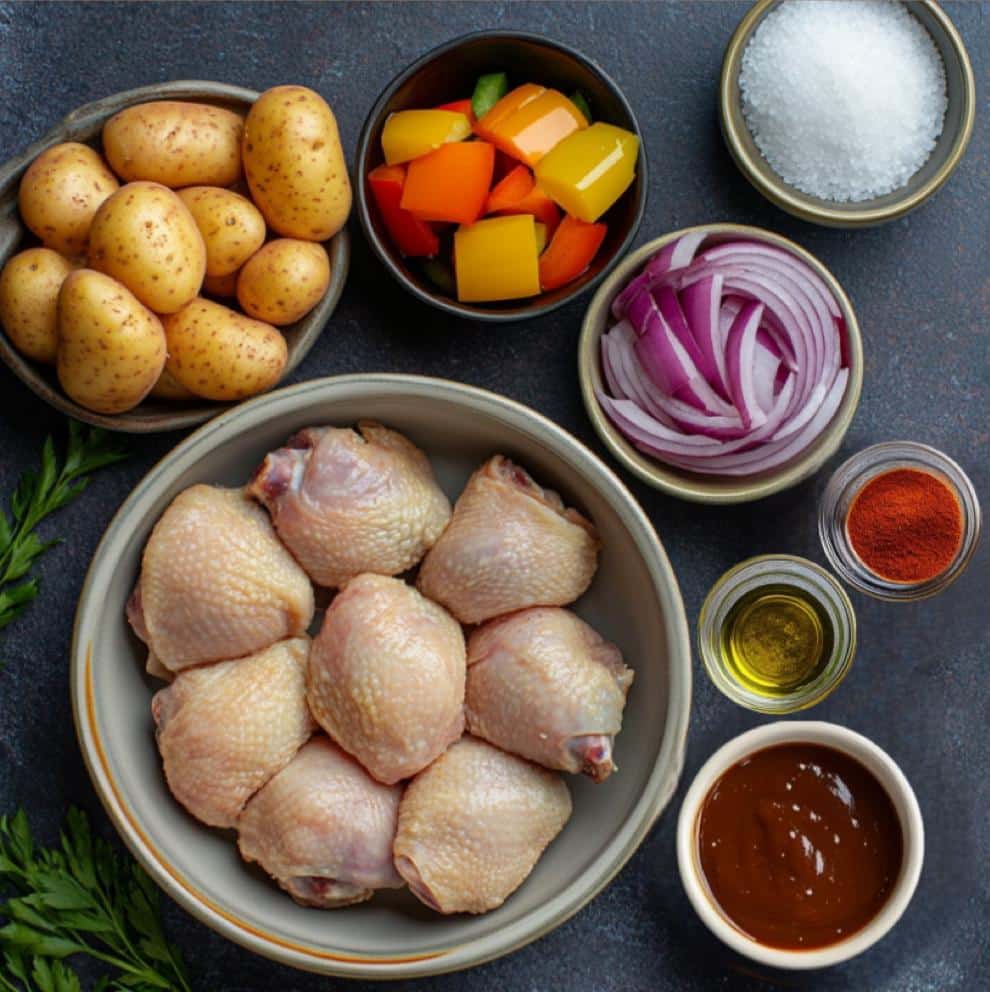 BBQ Chicken Sheet Pan – The Best One-Pan Dinner for Busy Weeknights 5 Ingredients for BBQ chicken sheet pan on counter