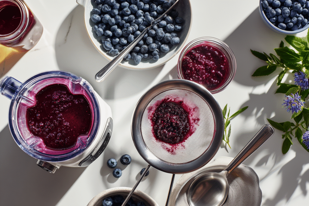 Blueberry Matcha Recipe – The Perfect Fusion of Flavor and Wellness 9 Blending and straining blueberry puree for blueberry matcha recipe