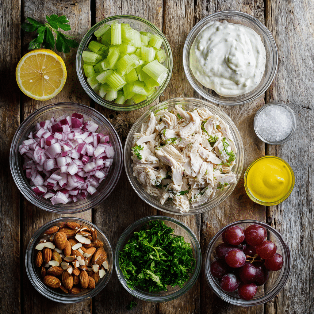High Protein Chicken Salad – The Best Nutritious & Delicious Recipe Guide 5 high protein chicken salad ingredients including shredded chicken, celery, grapes, yogurt, and almonds