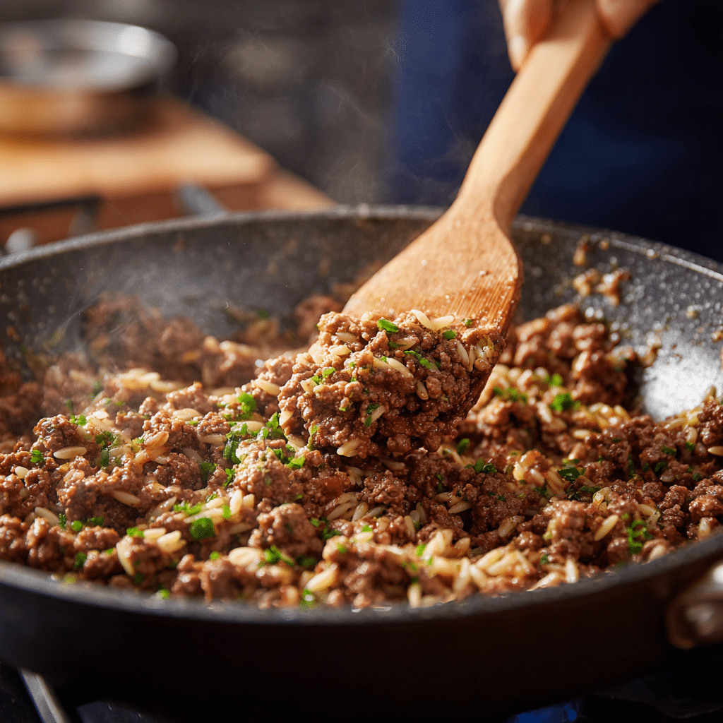 One-Pot Ground Beef and Orzo – The Ultimate Comfort Meal Recipe 6 Cooking ground beef and orzo together