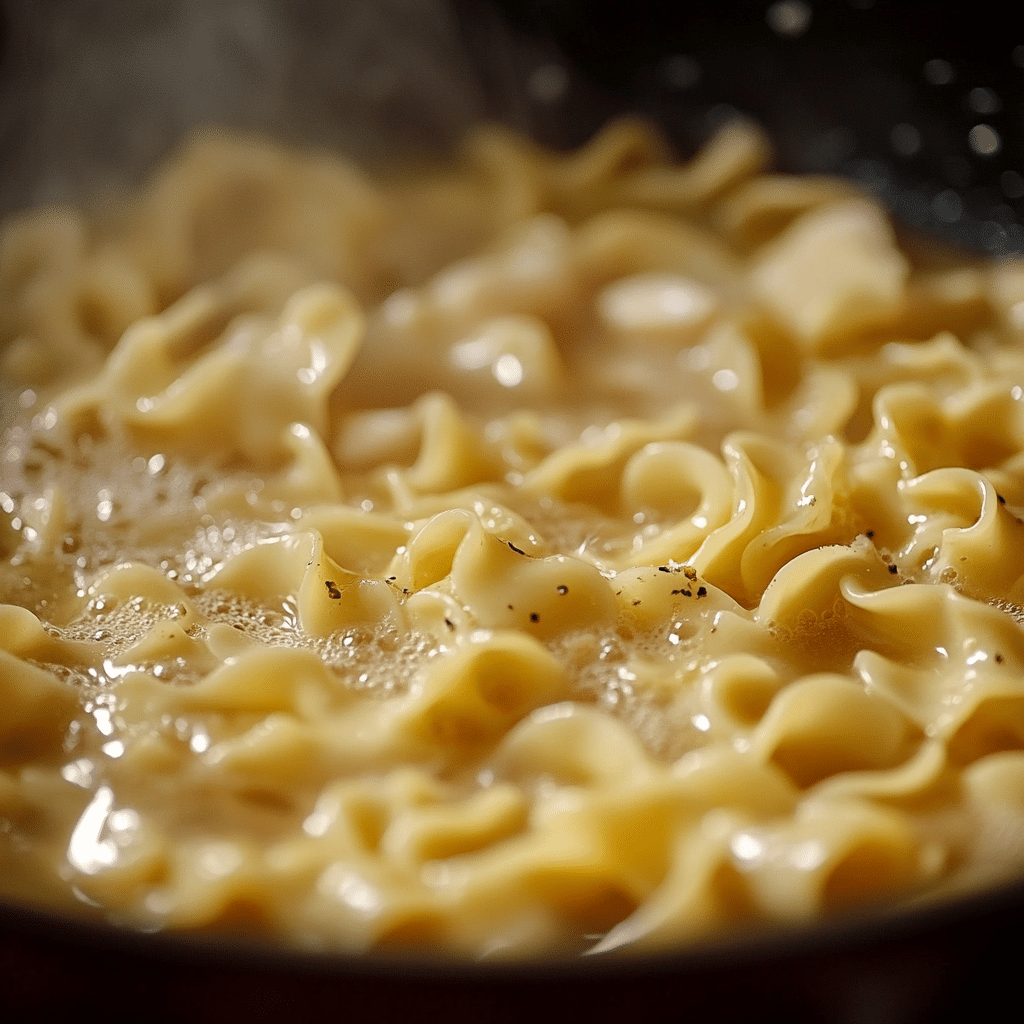 One Pan Chicken with Buttered Noodles: A Simple, Delicious Meal in One Pan 8 Noodles cooking in a skillet with chicken broth and butter for One Pan Chicken with Buttered Noodles