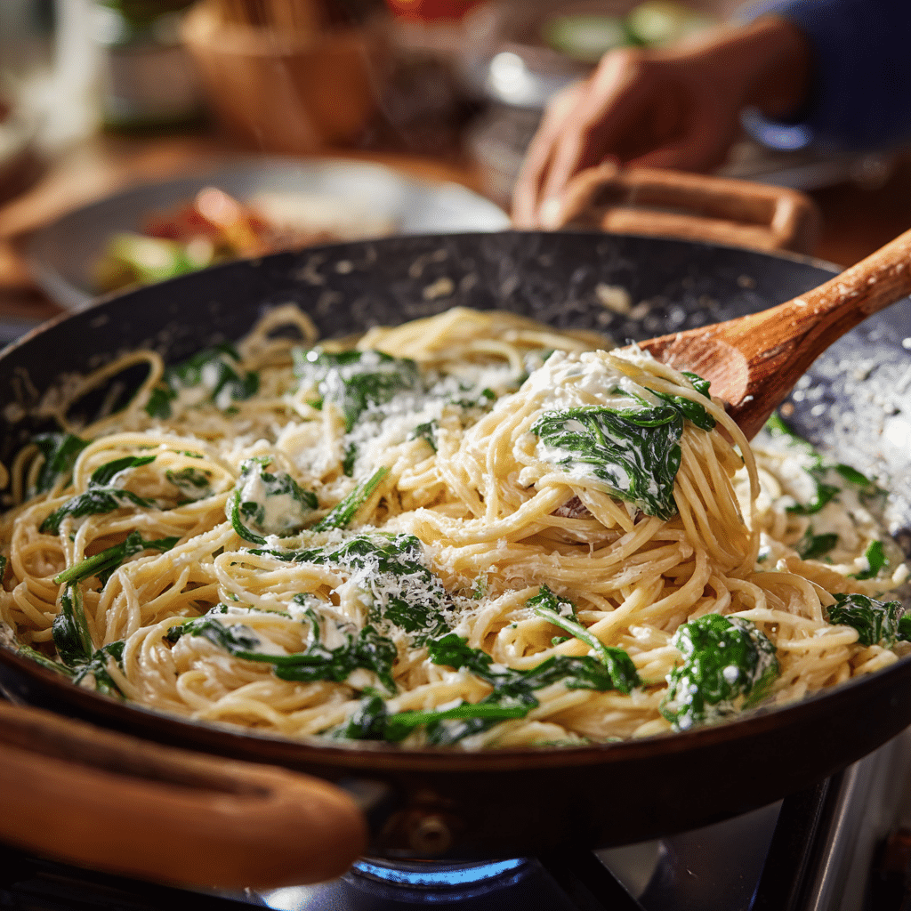 One-Pot Lemon Ricotta Spinach Pasta: The Creamiest Quick Dinner You’ll Ever Make 7 Stirring one-pot lemon ricotta spinach pasta with creamy sauce