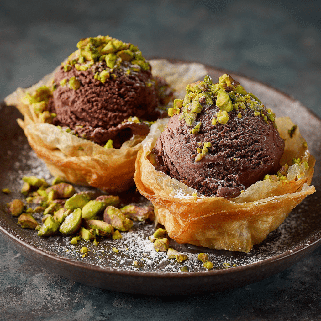 creative-dubai-pistachio-ice-cream-serving Dubai chocolate pistachio ice cream served on a phyllo wafer plate