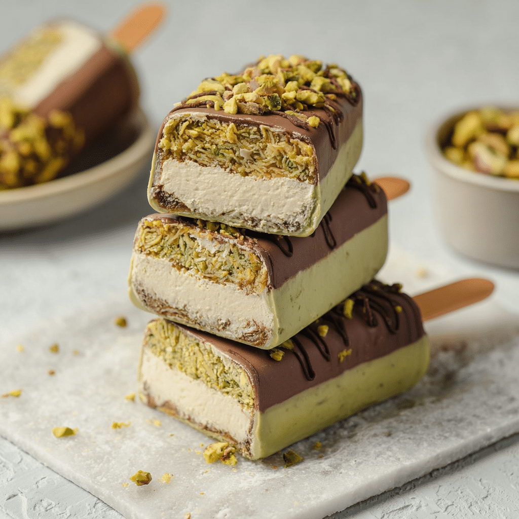Dubai Chocolate Pistachio Ice Cream – Easy, Creamy, and Irresistible 8 Dubai chocolate pistachio ice cream bar with cracked chocolate shell