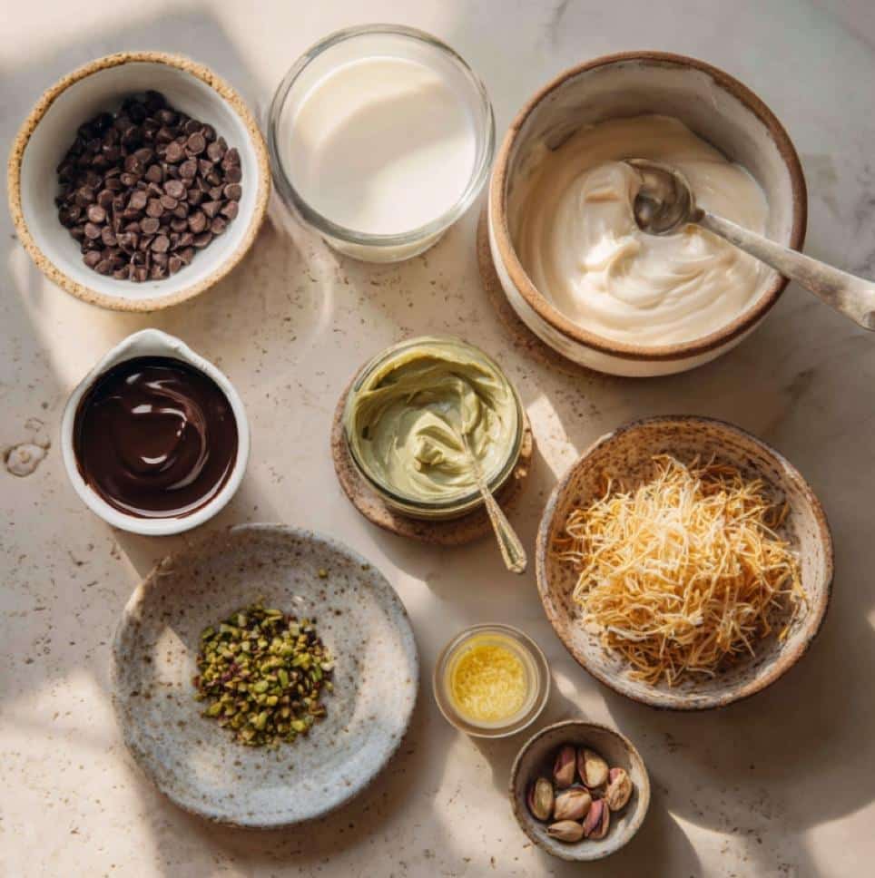 Dubai Chocolate Pistachio Ice Cream – Easy, Creamy, and Irresistible 6 Ingredients for Dubai chocolate pistachio ice cream laid out in bowls