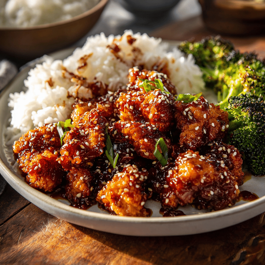Sheet Pan General Tso's Chicken Recipe – Easy, Crispy, and Flavorful 8 Finished plate of General Tso's chicken with steamed rice