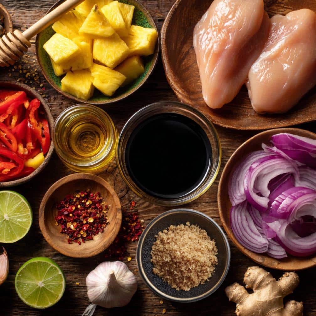 Hawaiian Chicken Sheet Pan Recipe: The Best One-Pan Tropical Dinner 6 Ingredients for Hawaiian chicken sheet pan recipe including pineapple, chicken, bell peppers, garlic, and ginger