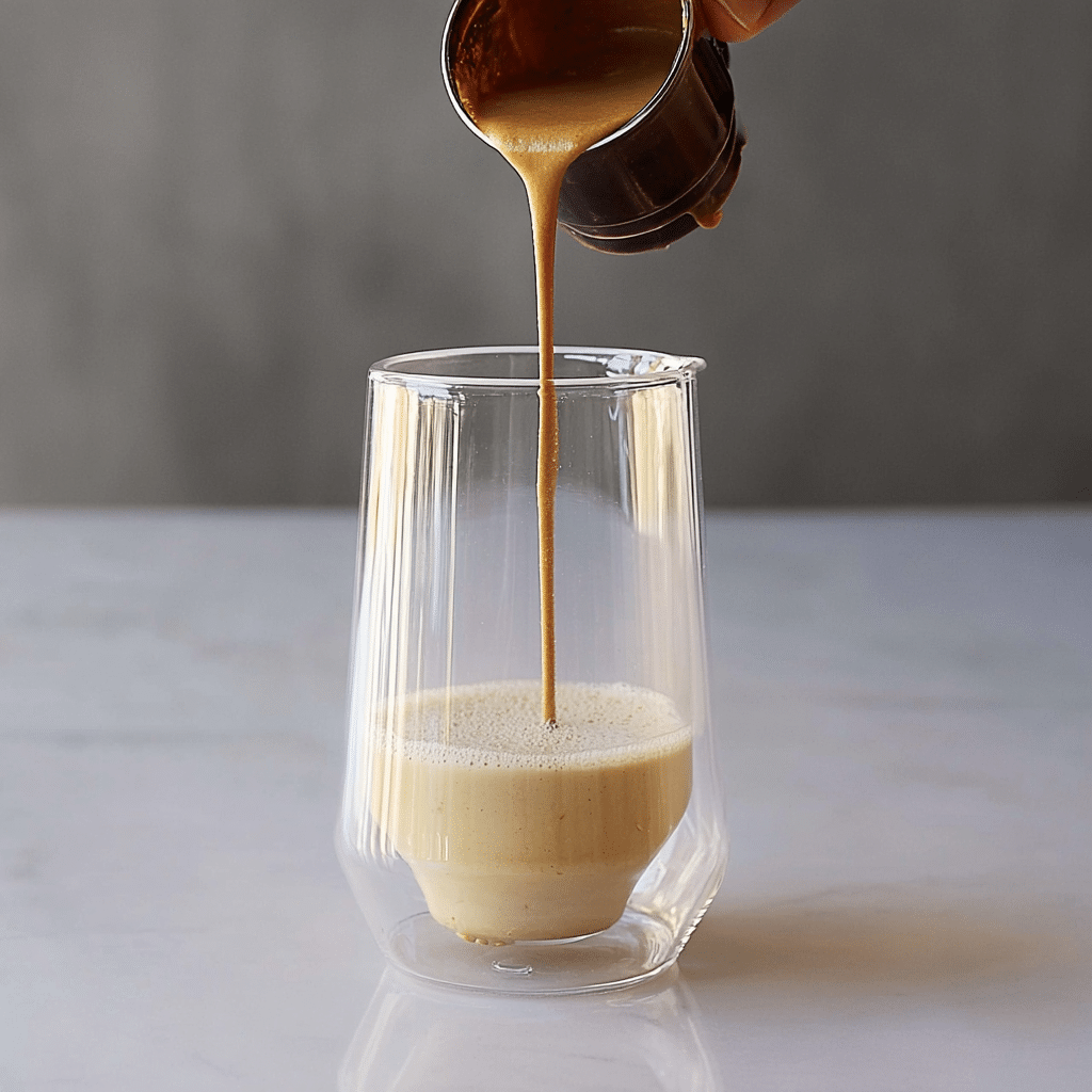 iced-tahini-coffee-step1-mix-base mixing tahini, maple syrup, and milk for iced tahini coffee