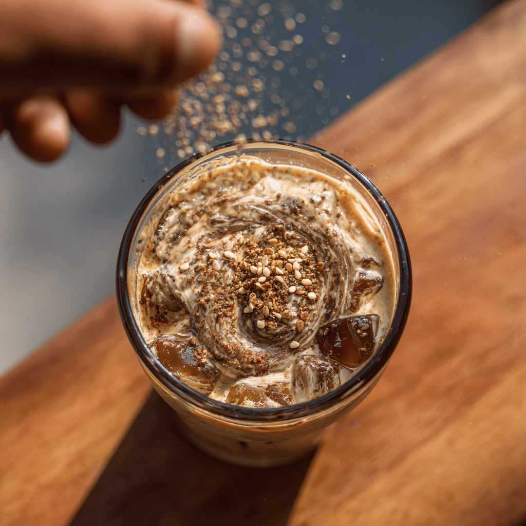 Iced Tahini Coffee – The Creamy, Nutty Iced Brew Everyone’s Obsessed With 5 sprinkling cinnamon or toasted sesame on iced tahini coffee