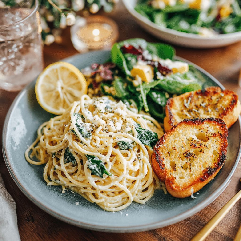 One-Pot Lemon Ricotta Spinach Pasta: The Creamiest Quick Dinner You’ll Ever Make 8 One-pot lemon ricotta spinach pasta with salad and bread