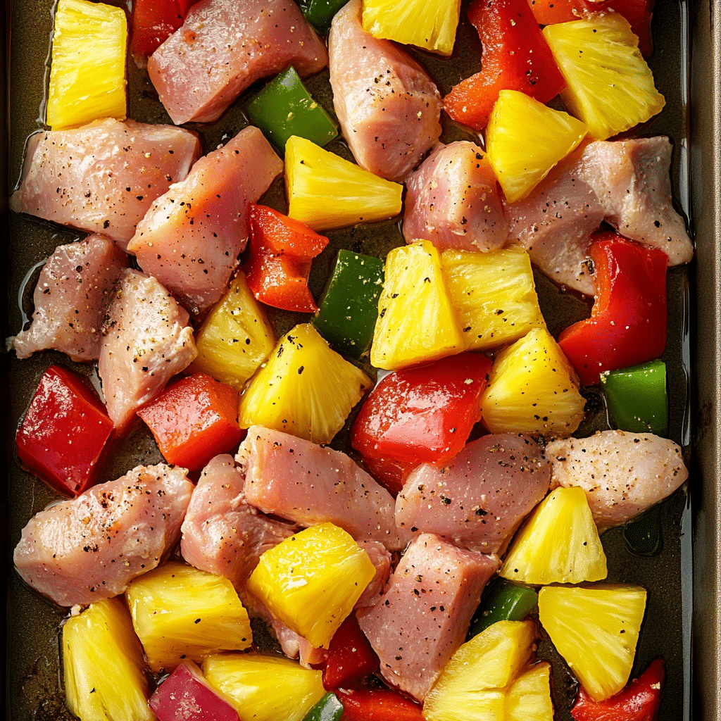Hawaiian Chicken Sheet Pan Recipe: The Best One-Pan Tropical Dinner 7 marinated Hawaiian chicken with peppers and pineapple on baking sheet