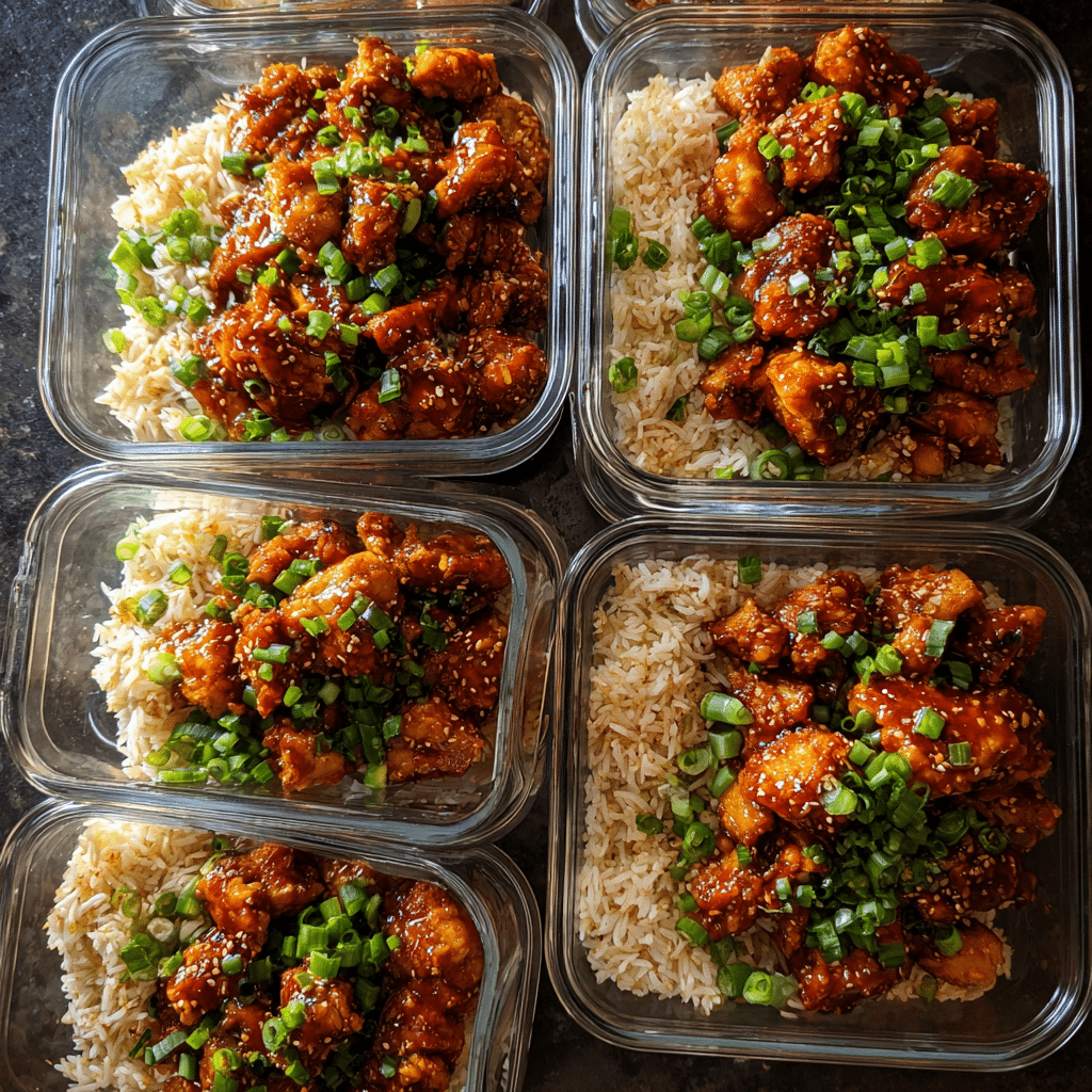 One Pot Sassy Honey Garlic Chicken – The Ultimate Sweet & Savory Dinner Fix 9 Meal prep containers filled with one pot sassy honey garlic chicken over rice