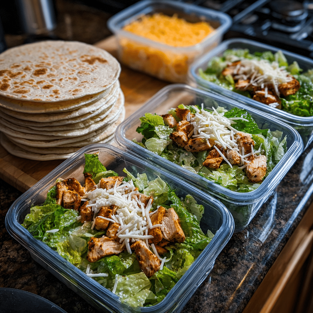 Viral Caesaroni Wrap: Creamy, Crunchy, and Packed with Flavor 8 Meal prep setup for Viral Caesaroni Wrap with separate ingredients