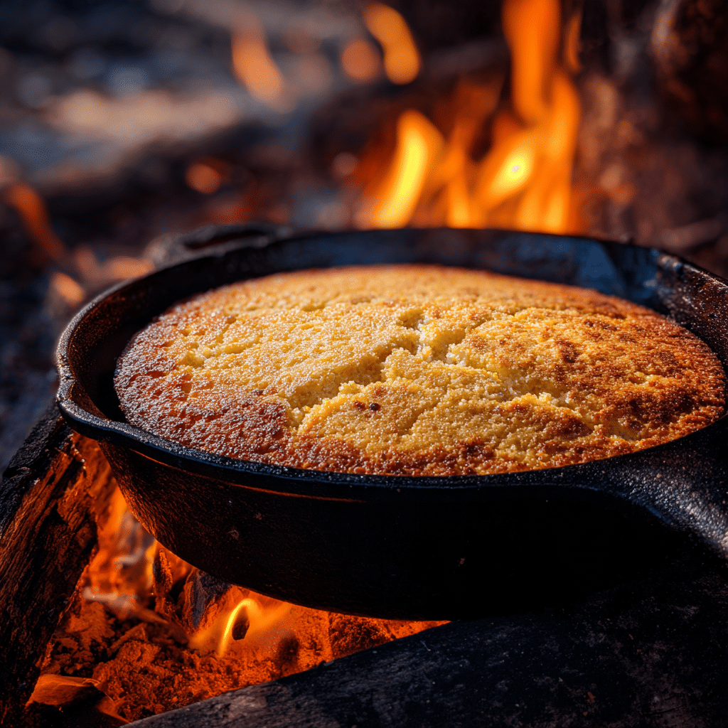 Navajo Cornbread – Traditional Native American Recipe with a Modern Twist 8 Navajo cornbread cooking in a cast iron skillet over open flame
