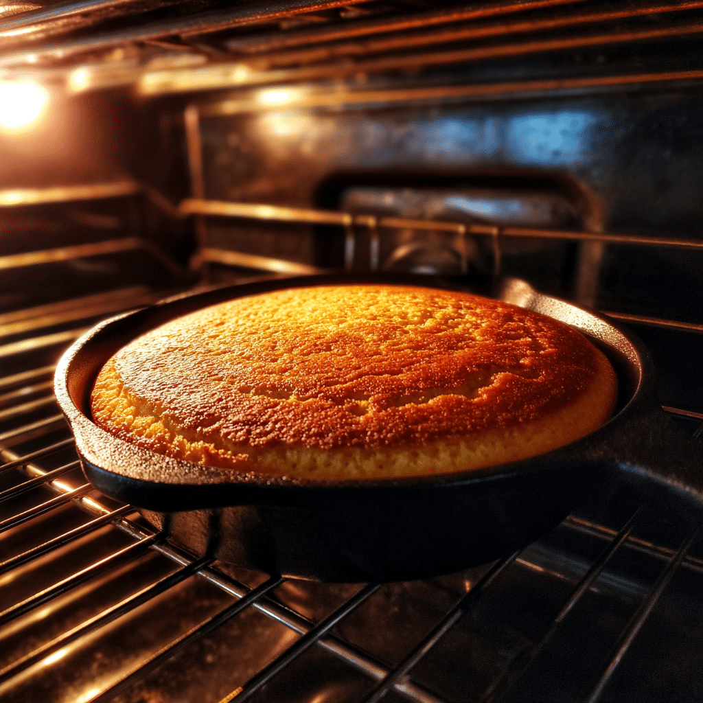 Navajo Cornbread – Traditional Native American Recipe with a Modern Twist 9 Navajo cornbread baking in a cast iron skillet inside a modern oven
