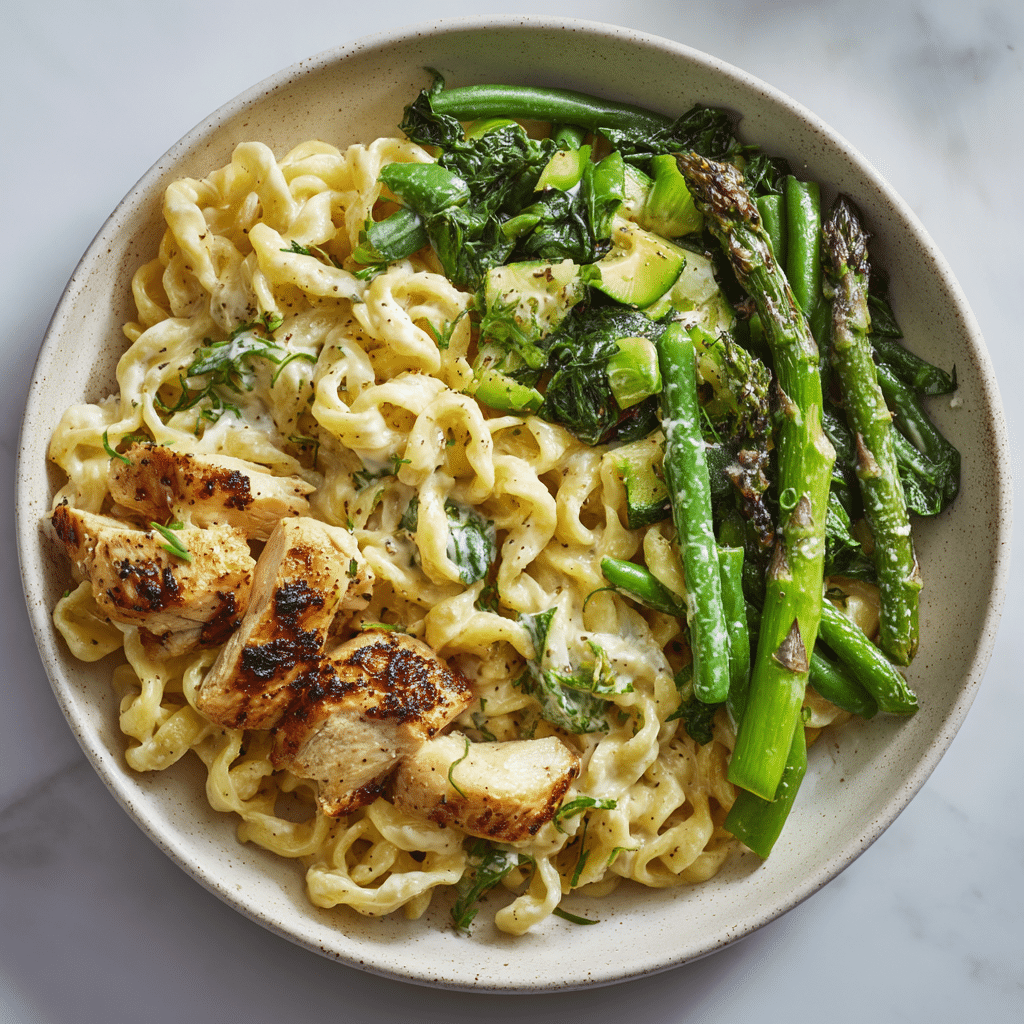 One Pan Chicken with Buttered Noodles: A Simple, Delicious Meal in One Pan 10 One pan chicken with buttered noodles served with steamed broccoli and fresh salad