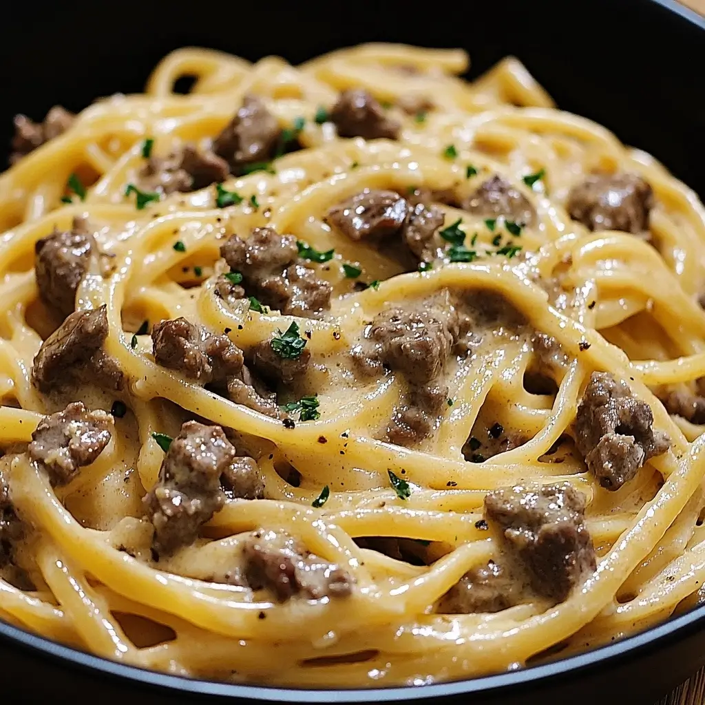 One Pot Creamy Beef and Garlic Butter Pasta Recipe 7 Browning beef with garlic and butter in skillet