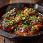 One pot sassy honey garlic chicken in cast iron skillet