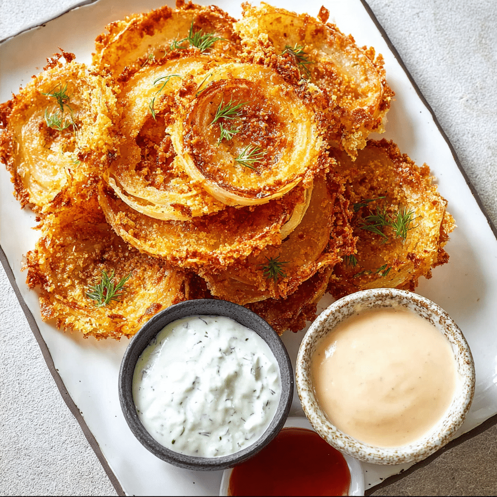 Viral Crispy Onion Rings Chips Recipe: A Low-Carb Snack You’ll Love 8 Onion rings chips served with tzatziki, ranch, and chipotle mayo