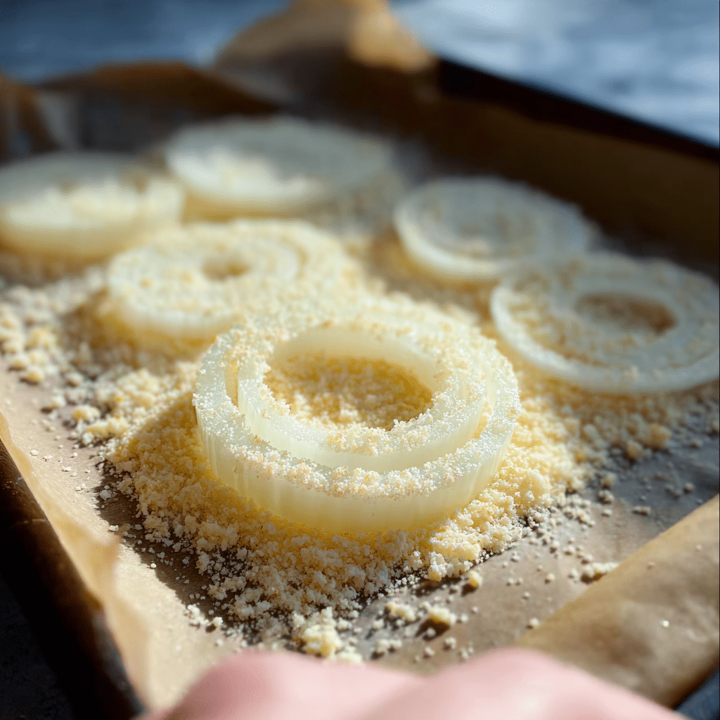 Viral Crispy Onion Rings Chips Recipe: A Low-Carb Snack You’ll Love 6 Raw onion slices layered over shredded parmesan before baking