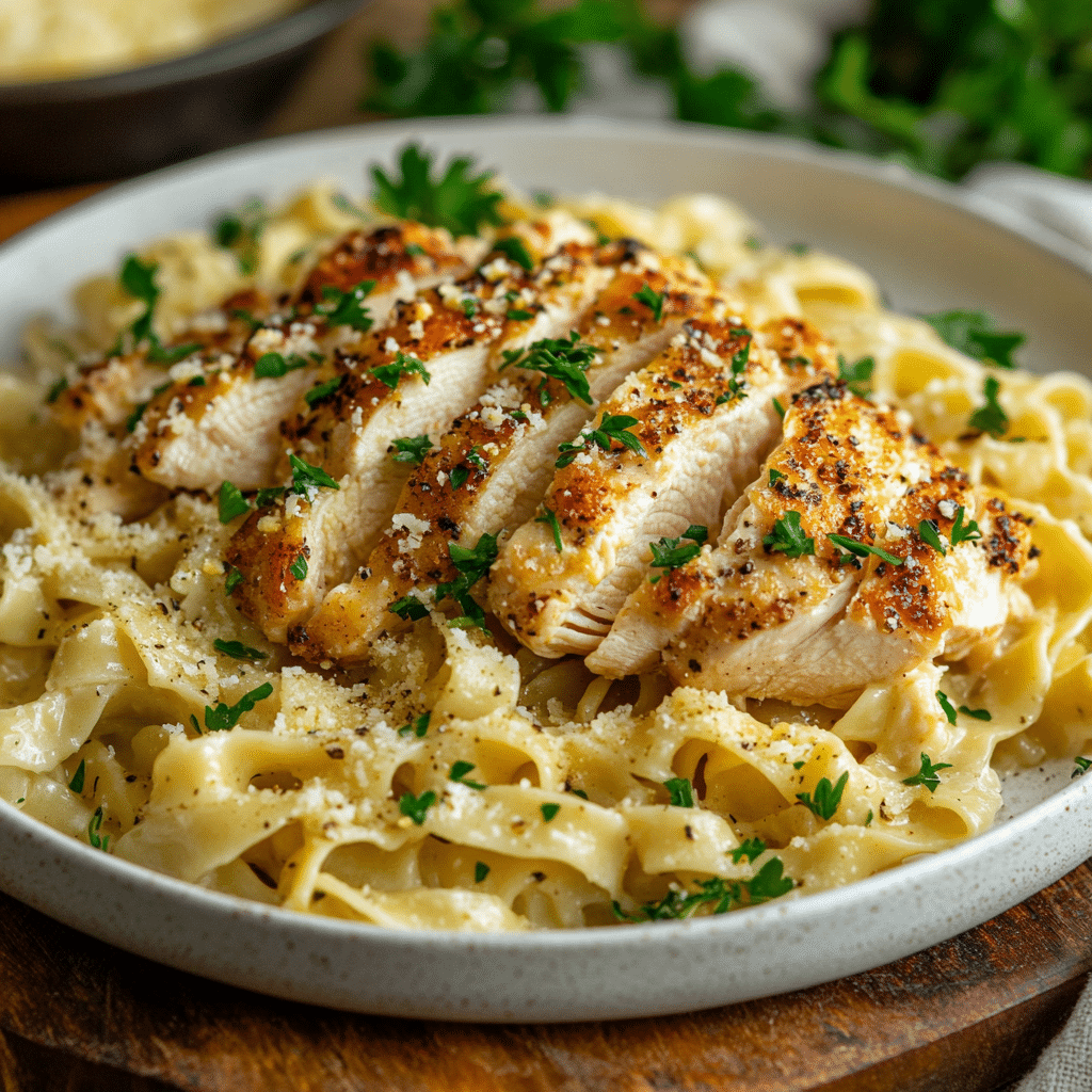 One Pan Chicken with Buttered Noodles: A Simple, Delicious Meal in One Pan 9 Plated One Pan Chicken with Buttered Noodles garnished with fresh parsley and Parmesan