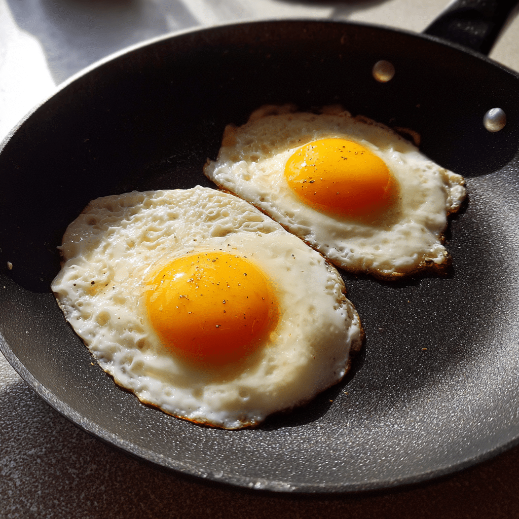 Fried Egg Mayonnaise – The Bold New Condiment You Need to Try 6 Close-up of two fried eggs cooking sunny-side up in pan for mayonnaise