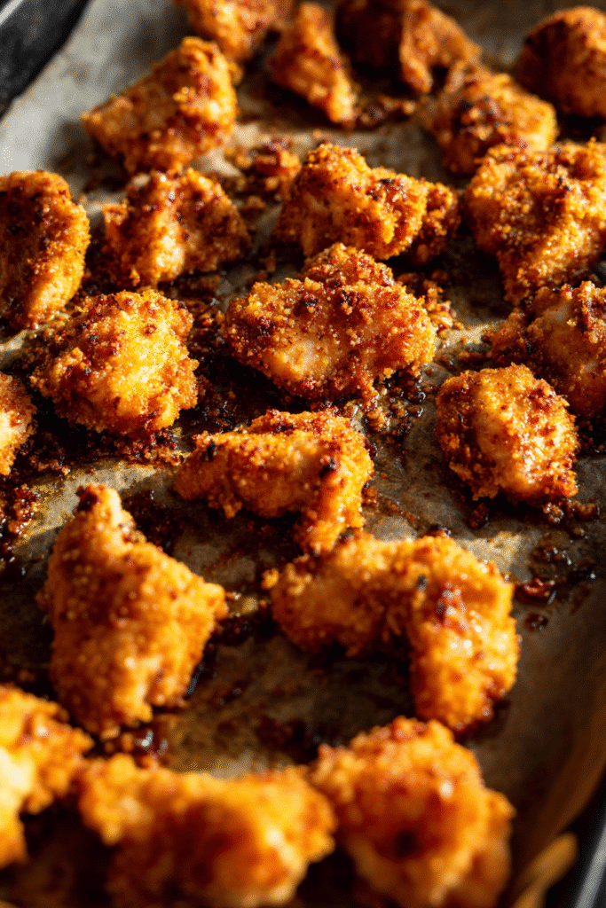 Sheet Pan General Tso's Chicken Recipe – Easy, Crispy, and Flavorful 7 Crispy chicken pieces coated in golden breading on a sheet pan