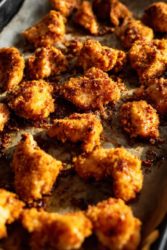 Sheet Pan General Tso's Chicken Recipe – Easy, Crispy, and Flavorful 7 Crispy chicken pieces coated in golden breading on a sheet pan