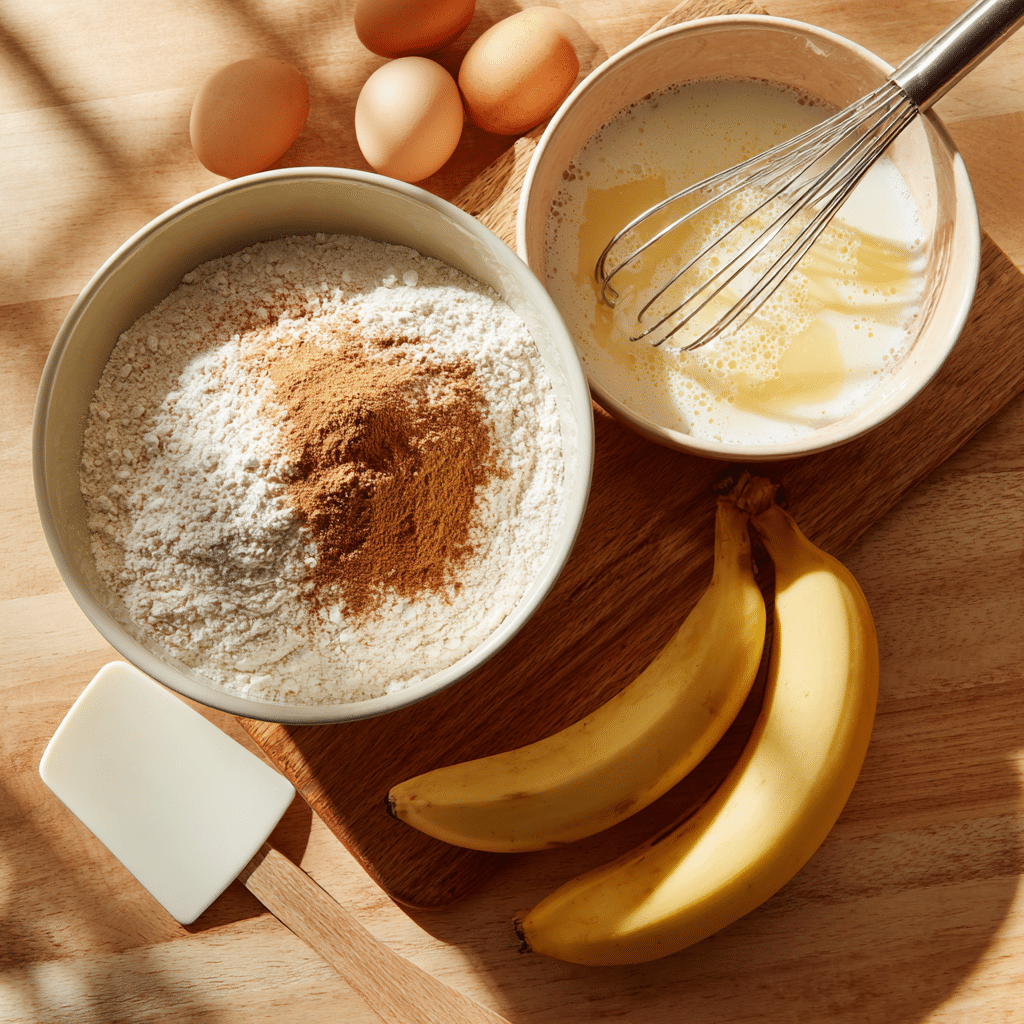 Sheet Pan Protein Pancakes: The Best Way to Meal Prep Breakfast with Ease 6 Mixing batter for Sheet Pan Protein Pancakes with flour, cinnamon, eggs, and banana