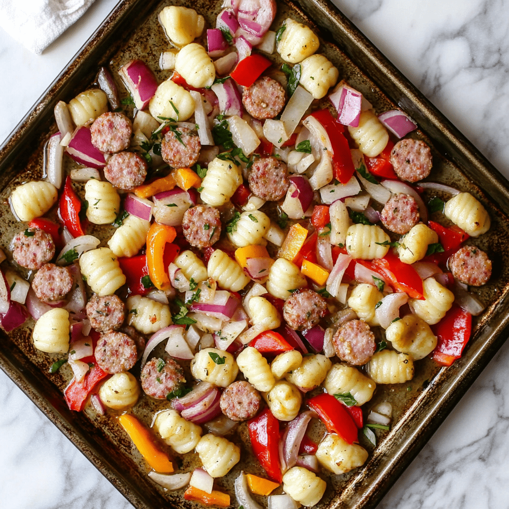 Sheet Pan Gnocchi Sausage Recipe – A Quick, Delicious, and Easy Meal 7 Raw sheet pan gnocchi sausage with vegetables before roasting