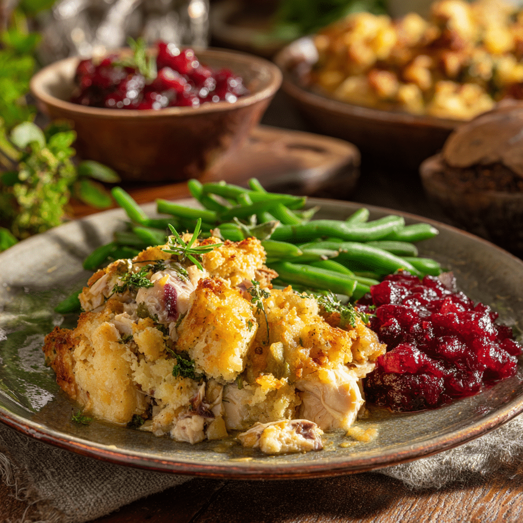 Dolly's Chicken and Stuffing Casserole – The Comfort Classic You’ll Crave Again and Again 8 Dolly’s chicken and stuffing casserole served with side dishes