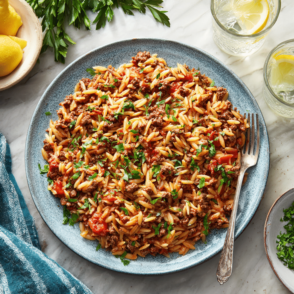 One-Pot Ground Beef and Orzo – The Ultimate Comfort Meal Recipe 7 Served One-Pot Ground Beef and Orzo dish