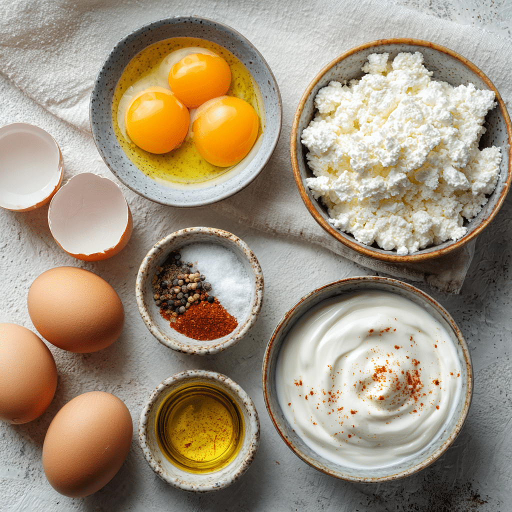 Sheet Pan Cottage Cheese Eggs – The Best Easy Breakfast Bake Ever 5 Ingredients for sheet pan cottage cheese eggs on kitchen counter