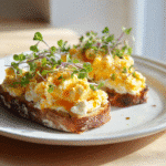 Sheet Pan Cottage Cheese Eggs – The Best Easy Breakfast Bake Ever 6 Sheet pan cottage cheese eggs served on toast with microgreens