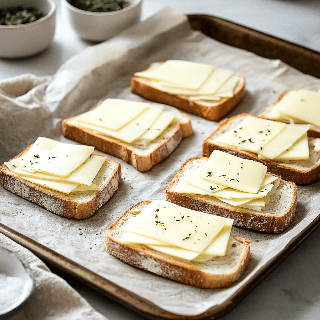 Sheet Pan Grilled Cheese: Easy and Delicious! 10 Slices of bread with cheese slices on top, arranged on a baking sheet for sheet pan grilled cheese, ready to be roasted.