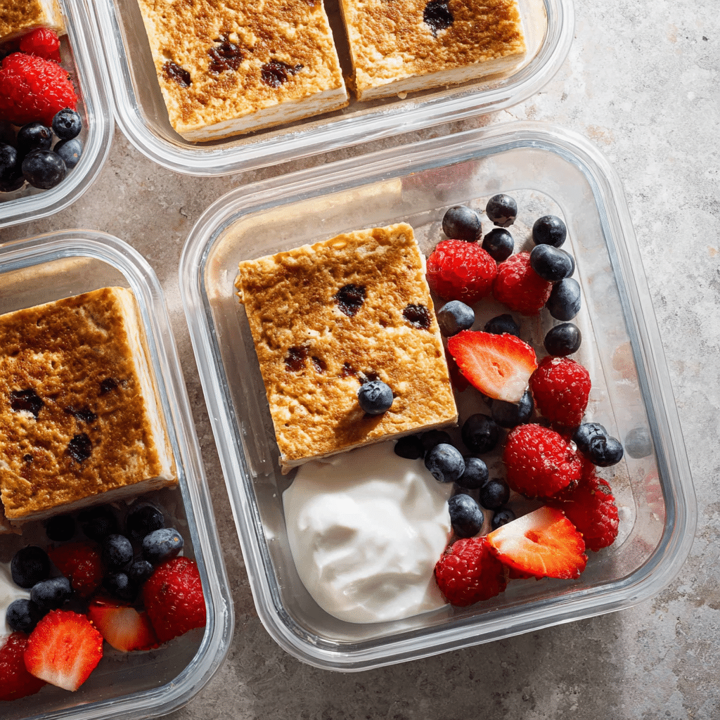 Sheet Pan Protein Pancakes: The Best Way to Meal Prep Breakfast with Ease 7 Meal prep containers with Sheet Pan Protein Pancakes sliced and ready to store