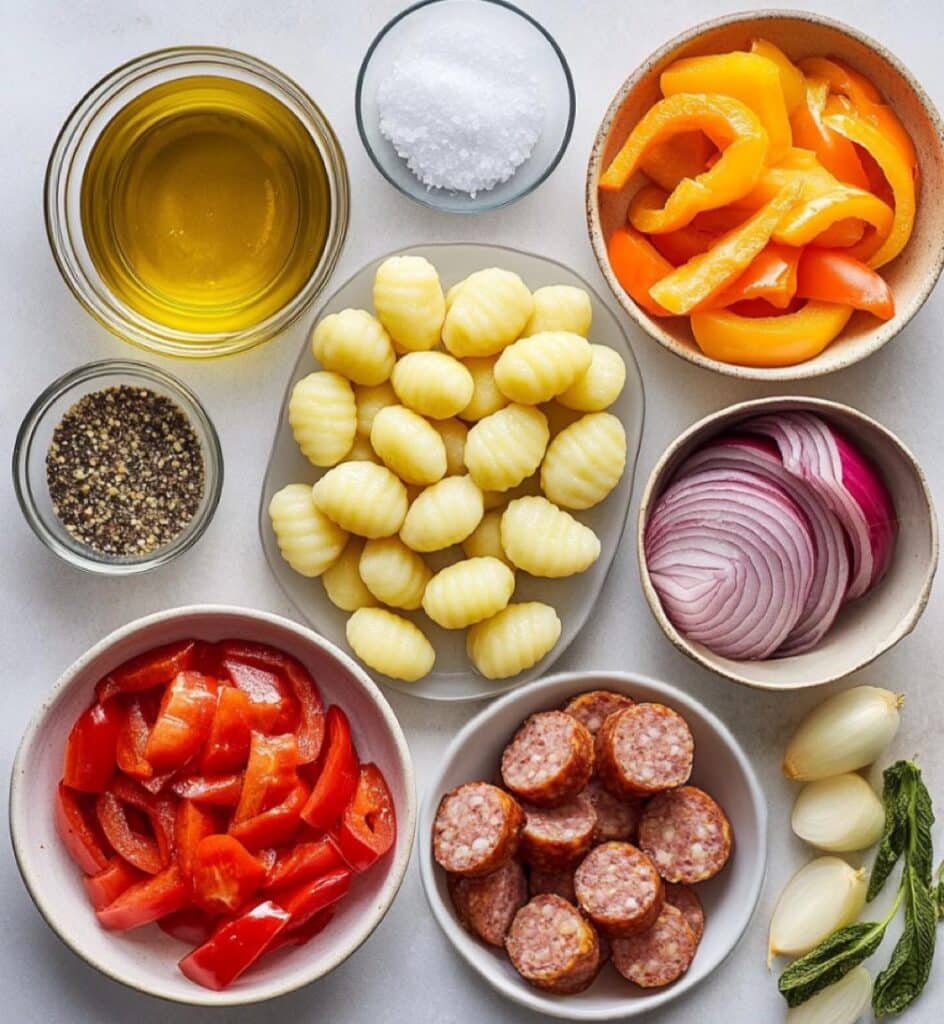 Sheet Pan Gnocchi Sausage Recipe – A Quick, Delicious, and Easy Meal 6 Gnocchi sausage ingredients before baking
