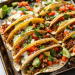 Sheet Pan Tacos – Simple to Make, Impossible to Resist 4 Sheet pan tacos with golden crispy tortillas, beef, cheese, and fresh toppings