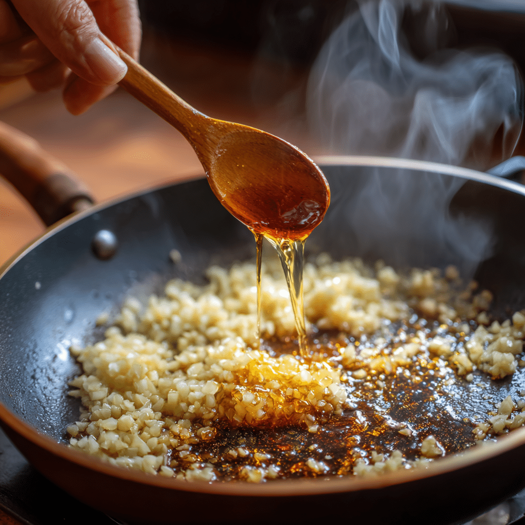 One Pot Sassy Honey Garlic Chicken – The Ultimate Sweet & Savory Dinner Fix 7 Stirring garlic, honey, and soy sauce for one pot sassy honey garlic chicken