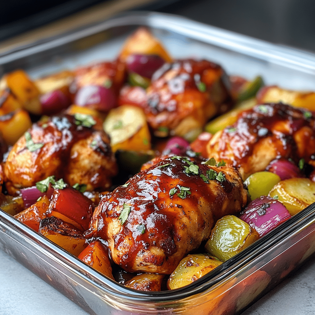BBQ Chicken Sheet Pan – The Best One-Pan Dinner for Busy Weeknights 8 Storing BBQ chicken sheet pan leftovers in a glass container