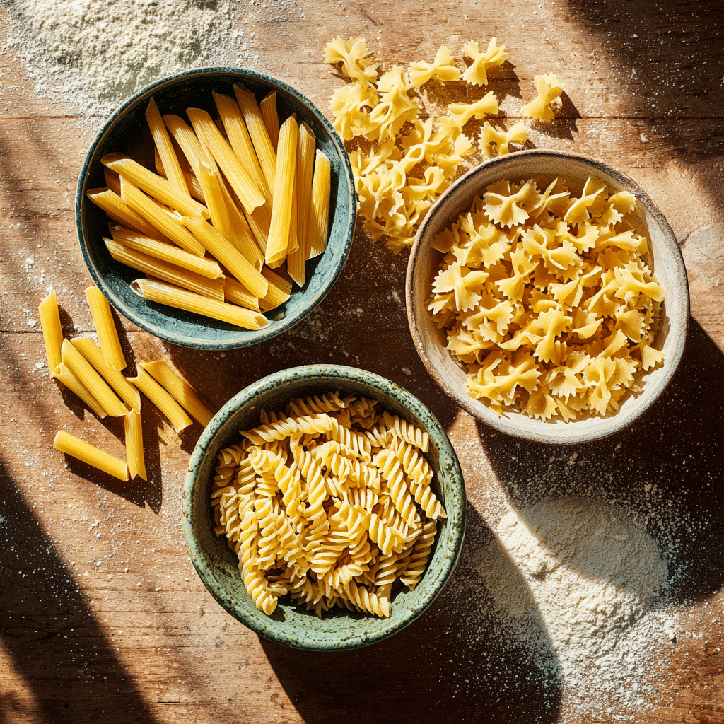 Marry Me Chicken Pasta – A Creamy, Flavor-Packed Weeknight Favorite 6 Penne, rigatoni, fusilli, and farfalle pasta in separate bowls