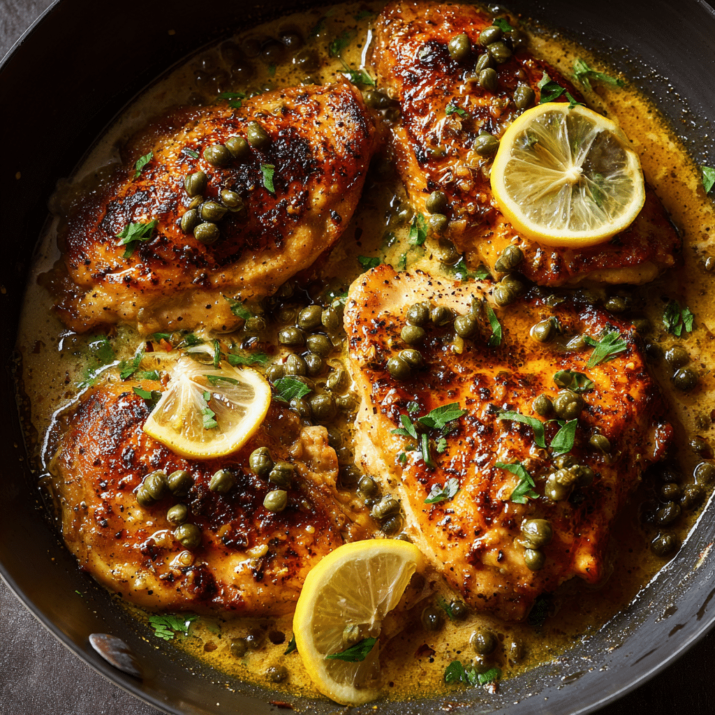One Pot Chicken Piccata Pasta Recipe for a Zesty Weeknight Favorite 6 Chicken browning in skillet with caper lemon sauce