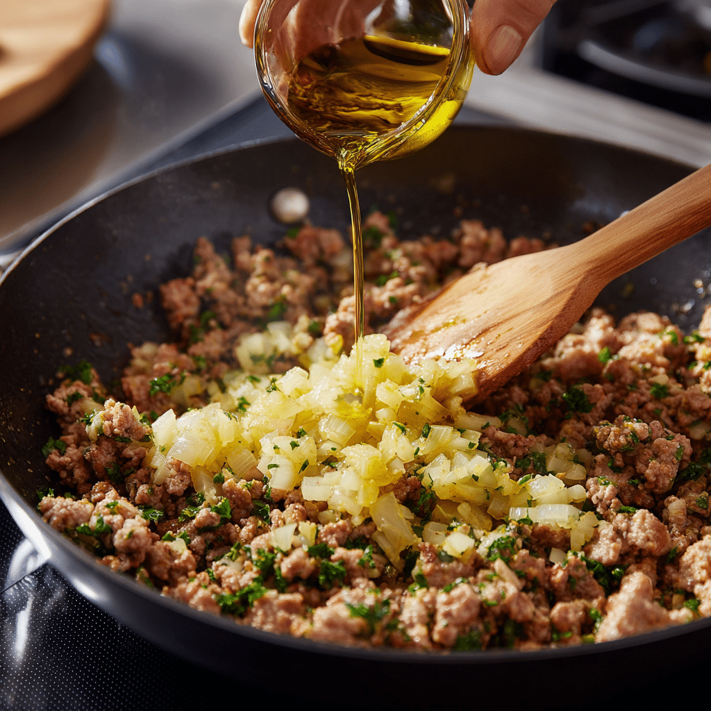 Ground Beef Hot Honey Bowl Recipe Everyone’s Craving Right Now 6 Cooking ground beef with taco seasoning and onions in skillet for hot honey bowl