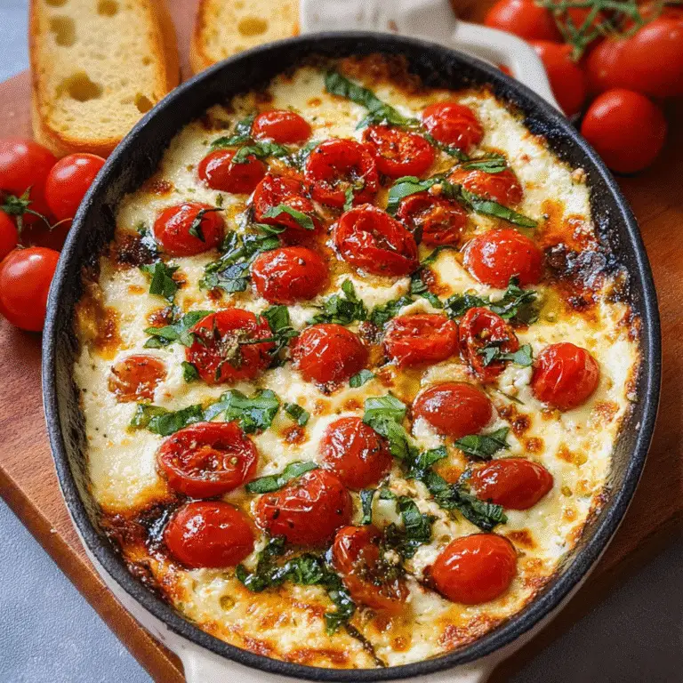 Hot Caprese Dip with roasted tomatoes and mozzarella