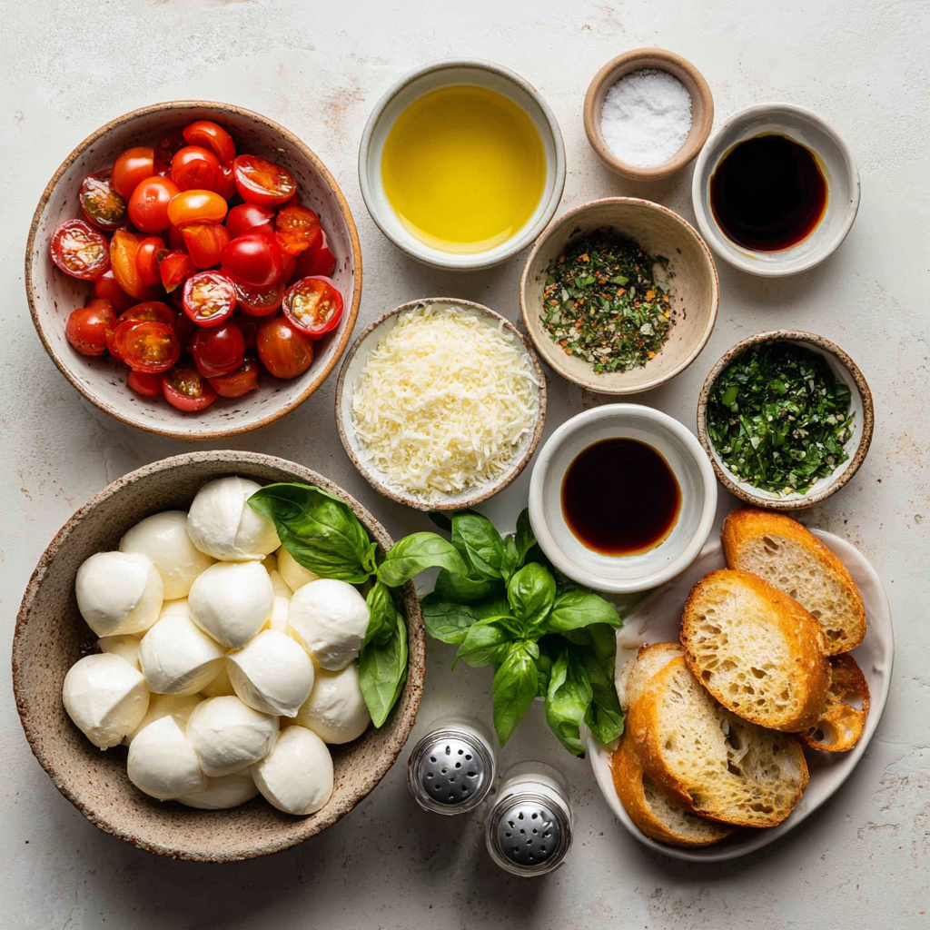 Ingredients for Caprese dip arranged on a rustic white kitchen counter