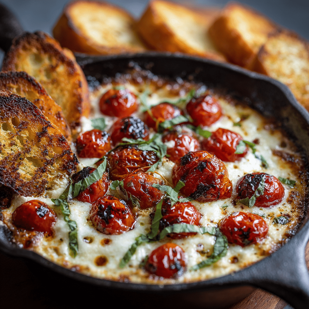 Caprese Dip: Easy, Cheesy, and Bursting with Fresh Flavor 5 Caprese Dip served with crostini and balsamic drizzle