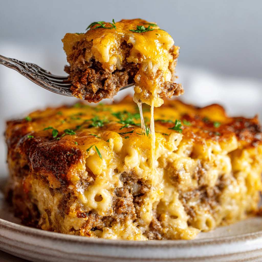 Mac and Cheese Meatloaf Casserole – A Comfort Food Classic Everyone Loves 5 Bite of cheesy mac and cheese meatloaf casserole