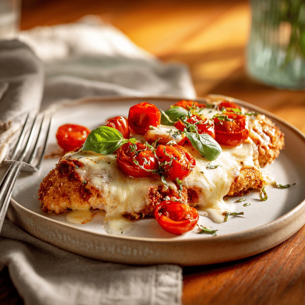 Sheet-Pan Chicken Parmesan: Crispy, Easy & Oven-Baked Family Favorite 8 Crispy sheet-pan chicken parmesan served on a white ceramic plate with roasted tomatoes
